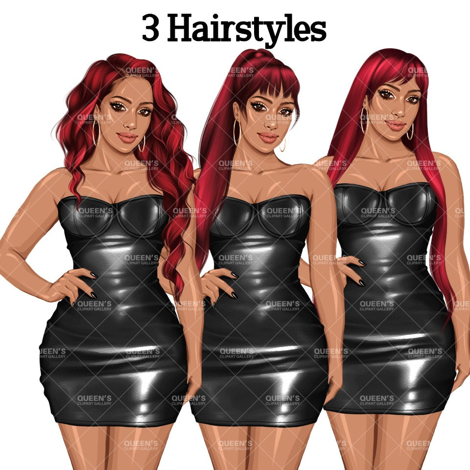Afro woman in leather dress, Girl boss, Lady boss, African American woman, Fashion girl clipart, Fashion illustration clipart, Curvy girl
