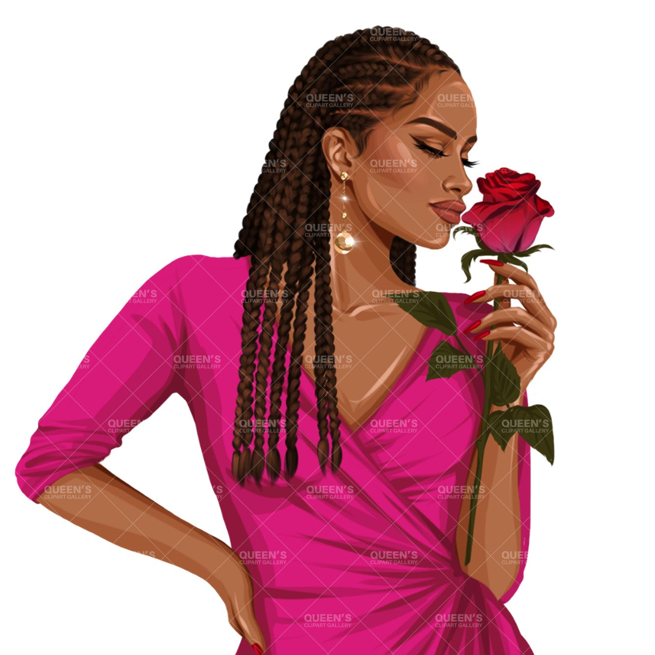 Valentine's Day rose, Afro woman in red dress, Valentine clipart, Fashion Illustration, Fashion girl png, Red rose, Love, Girl boss planner, Love