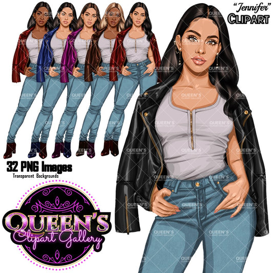 Curvy denim girl, Jeans girl clipart, Curvy girl, Fashion girl clipart, Girl boss clipart, Fashion woman, Woman in leather jacket, Curvy woman