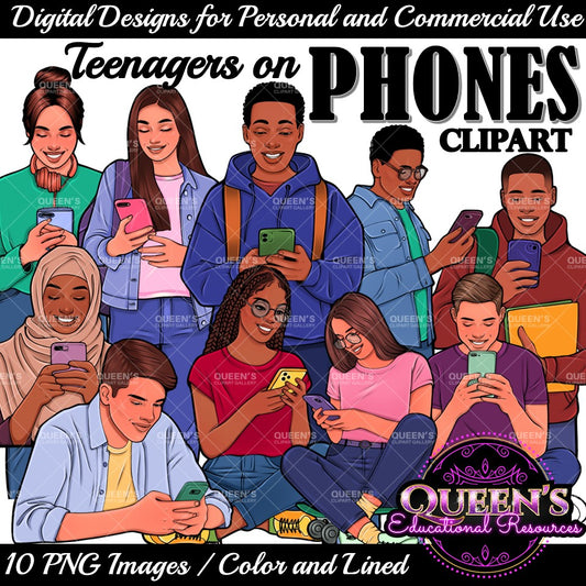 Teens on Phones Clipart, Teens Texting Clipart, Teenagers Clipart, High School Teens Clipart, Teens Using Technology Clipart, Teen Clipart
