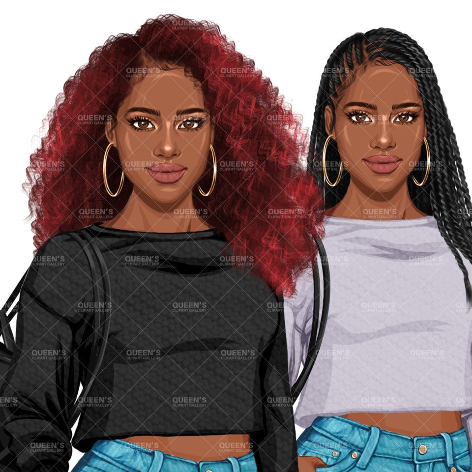 Denim Outfit Fashion Clipart Women with Curly Hair Red Bundl