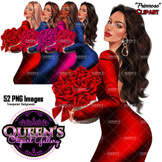 Valentine's Day clipart, Red roses clipart, Woman in red dress, Love clipart, Fashion girl clipart, Fashion illustration, Valentine roses