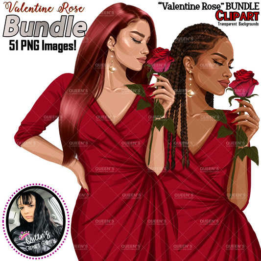 Valentine's Day Rose Afro Woman in Red Dress Clipart