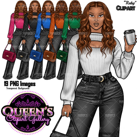 Coffee girl clipart, Curvy girl clipart, Fashion girl clipart, Jeans Girl Clipart, African American clipart, Afro girls clipart, Girl Boss