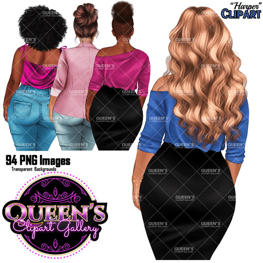 Backs turned clipart, Woman's back clipart, Customizable clipart, Afro girl clipart, Fashion girl clipart, Fashion illustration clipart