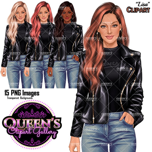 Denim Jeans Girl, Jeans Girl Clipart, Fashion Girl Clipart, Fashion Clipart, Woman in Leather Jacket, Curvy Girl Clipart, Denim Girl Clipart