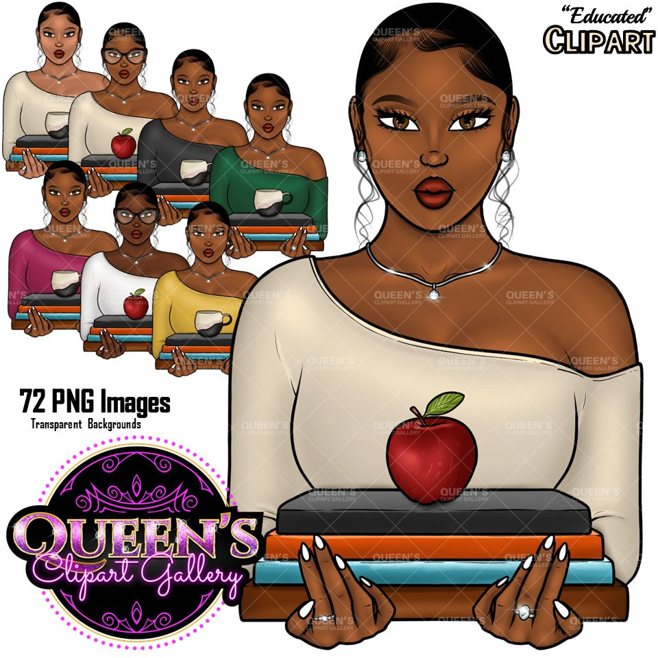 Teacher clipart, African American girl, Afro girl, Black girl magic, Fashion girl clipart, Booklover clipart, Educated girl, Apple clipart