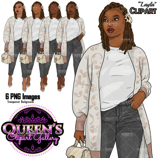 Curvy Denim Girl, Jeans Girl Clipart, Curvy girl clipart, Afro Woman clipart, Black girl magic, Fashion girl clipart, African American woman