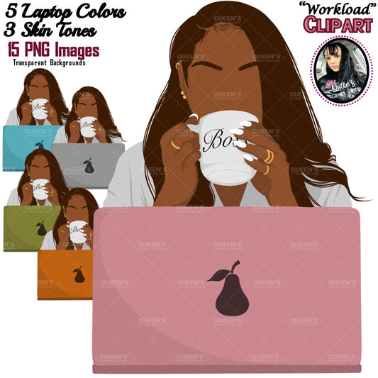 Flat clipart, Woman with Laptop, Afro girl clipart, Black woman clipart, Black girl magic, Fashion girl clipart, Girl boss clipart, Boss Lady