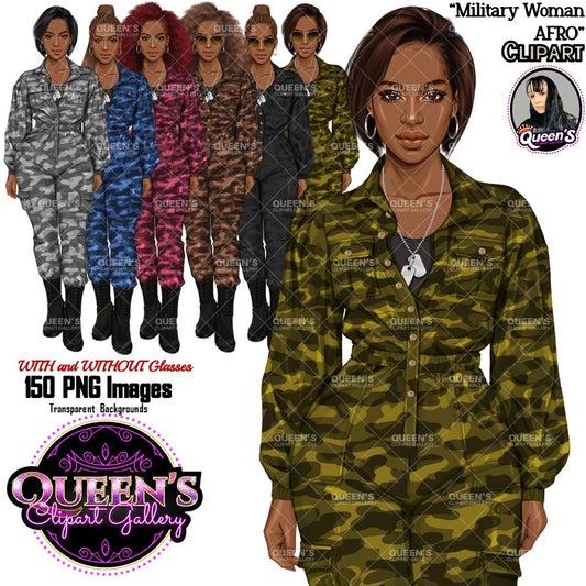 Army Clipart, Afro Military Woman Clipart, Fashion Girl Clipart, Veteran Day Clipart, Afro Female Troops, Memorial Day, Veteran, Soldier