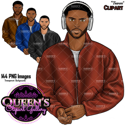 Man clipart, Handsome man clipart, Boyfriend clipart, Casual man clipart, Man with Headphones African American man clipart, Black man