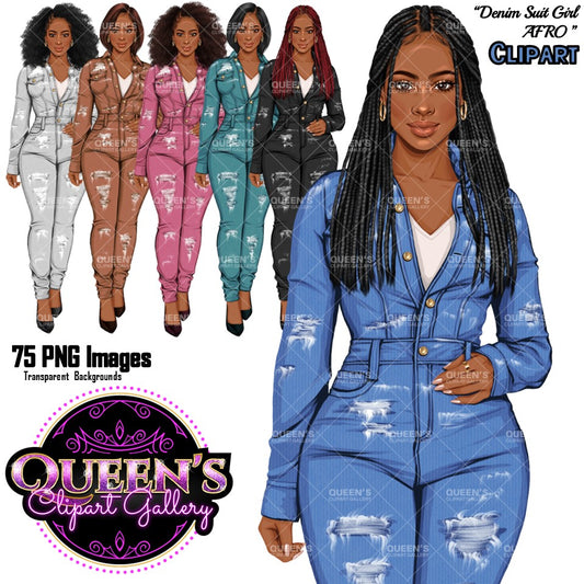 Denim Jeans Girl Clipart, Fashion Girl Clipart, Jeans Girl Clipart, Girl Boss Clipart, African American Woman in Jeans, Jeans Jacket Clipart, Boss Babe