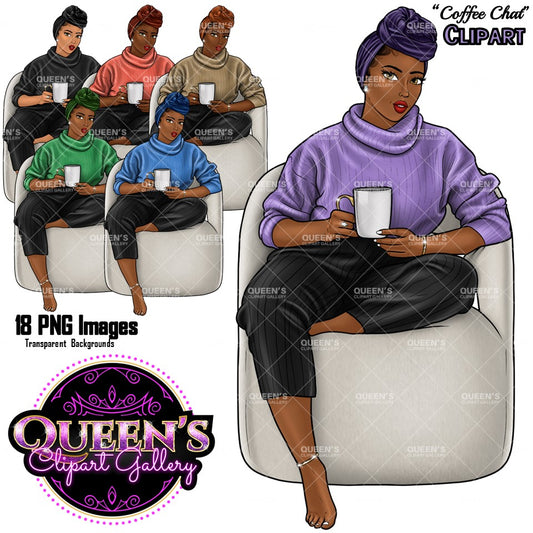 Coffee girl clipart, Curvy girl clipart, Fashion girl clipart, Cozy Clipart, Relax at home, African American clipart, Afro girl clipart