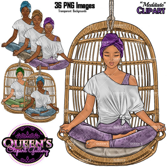 Meditation, Meditate, Relax at home, Fashion girl clipart, Cozy Clipart, Mindfulness clipart, African American clipart, Yoga girl clipart