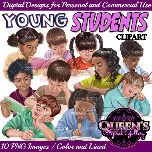Young students reading and writing, Elementary students, Primary grades students, Kids, Kiddos, Student clipart, Children clipart, Young kids clipart, Back to School, young girl clipart, young boy clipart, Students reading