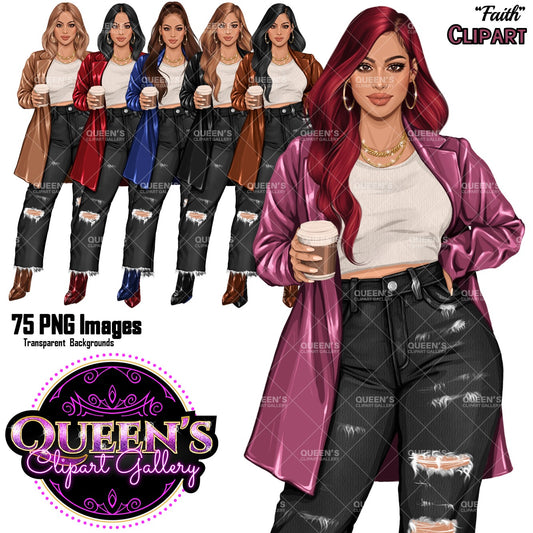 Coffee Girl Clipart, Denim Jeans Girl, Jeans Girl, Lady Boss Clipart, Fashion Girl Clipart, Jeans Girl Clipart, Woman in Leather Jacket