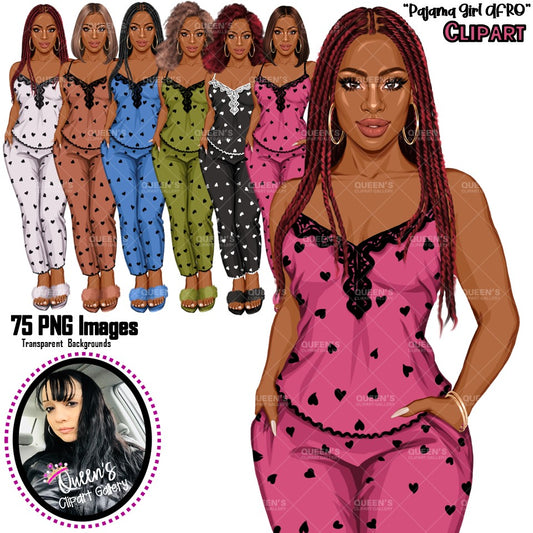 Pajama girl clipart, Afro Woman in Sleepwear, Pajama Illustration, Cozy clipart, Bedtime clipart, Pajama Fashion, Pajama Party, Fashion girl
