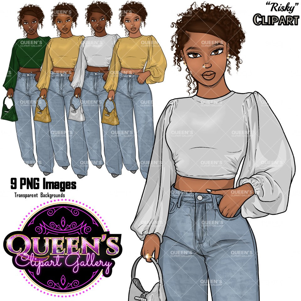 Curvy Denim Girl, Jeans Girl Clipart, Denim Jeans Clipart, Afro Woman clipart, Black girl magic Fashion girl clipart, African American woman