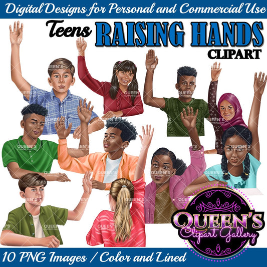 Raising Hands Clipart, Hands Raised Clipart, Teenagers Raising Hands, Teenagers Clipart, Teens, Students Clipart, Back to School Clipart