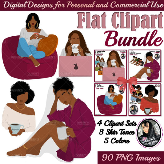 Flat Clipart Bundle, Afro woman drinks coffee, Afro girl clipart, Black woman, Black girl magic, Fashion girl clipart, Relax at home, Coffee girl