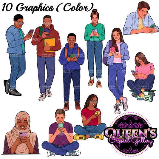 Teens on Phones Clipart, Teens Texting Clipart, Teenagers Clipart, High School Teens Clipart, Teens Using Technology Clipart, Teen Clipart