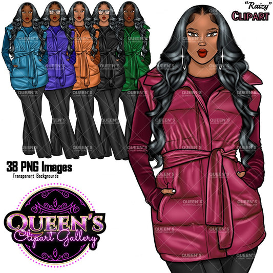 Fashion Girl Clipart, Black Girl Clipart, African American Clipart, Afro Girl Clipart, Girl Boss, Woman in Coat, Winter Clipart, Cozy wear