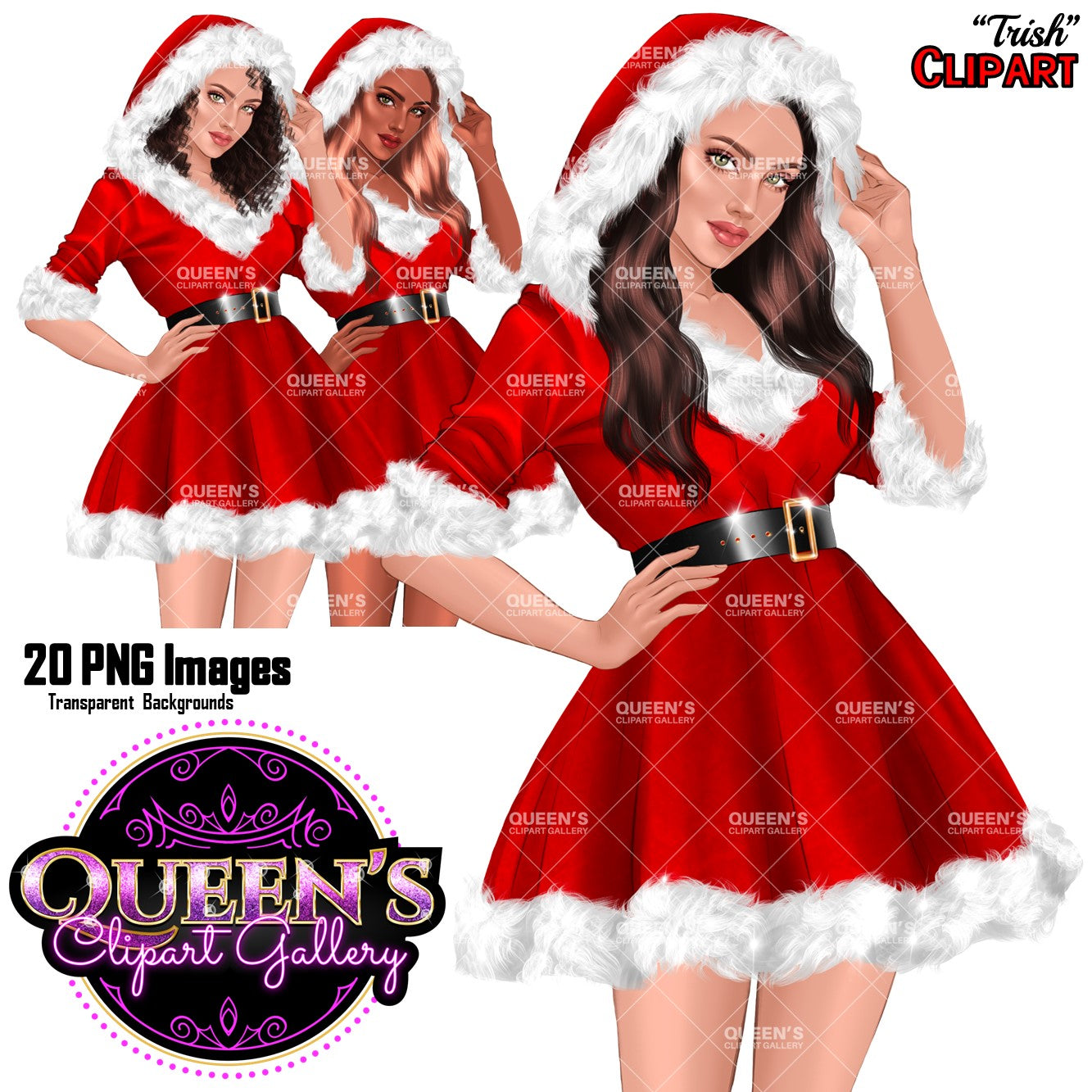 Santa Claus clipart, Santa costume clipart, New Year's clipart, Christmas girl clipart, Woman in Santa hat, Winter clipart, Santa outfit