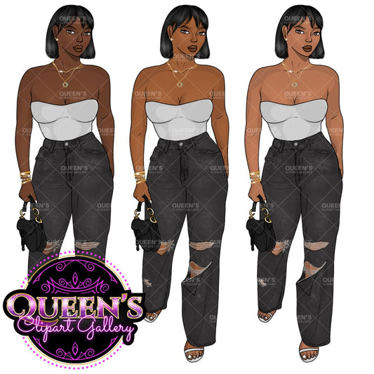 Denim Jeans girl, Black girl, Afro girl clipart, Black woman clipart, Black girl magic, Fashion girl clipart, Girl boss clipart, Curvy girl