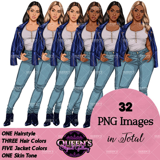 Curvy denim girl, Jeans girl clipart, Curvy girl, Fashion girl clipart, Girl boss clipart, Fashion woman, Woman in leather jacket, Curvy woman