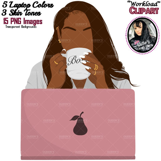 Flat clipart, Woman with Laptop, Afro girl clipart, Black woman clipart, Black girl magic, Fashion girl clipart, Girl boss clipart, Boss Lady
