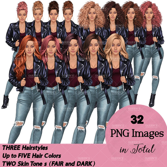 Denim jeans girl, Fashion girl clipart, Woman in leather Jacket, Afro girl clipart, Curvy girl, Fashion illustration, Curvy denim girl