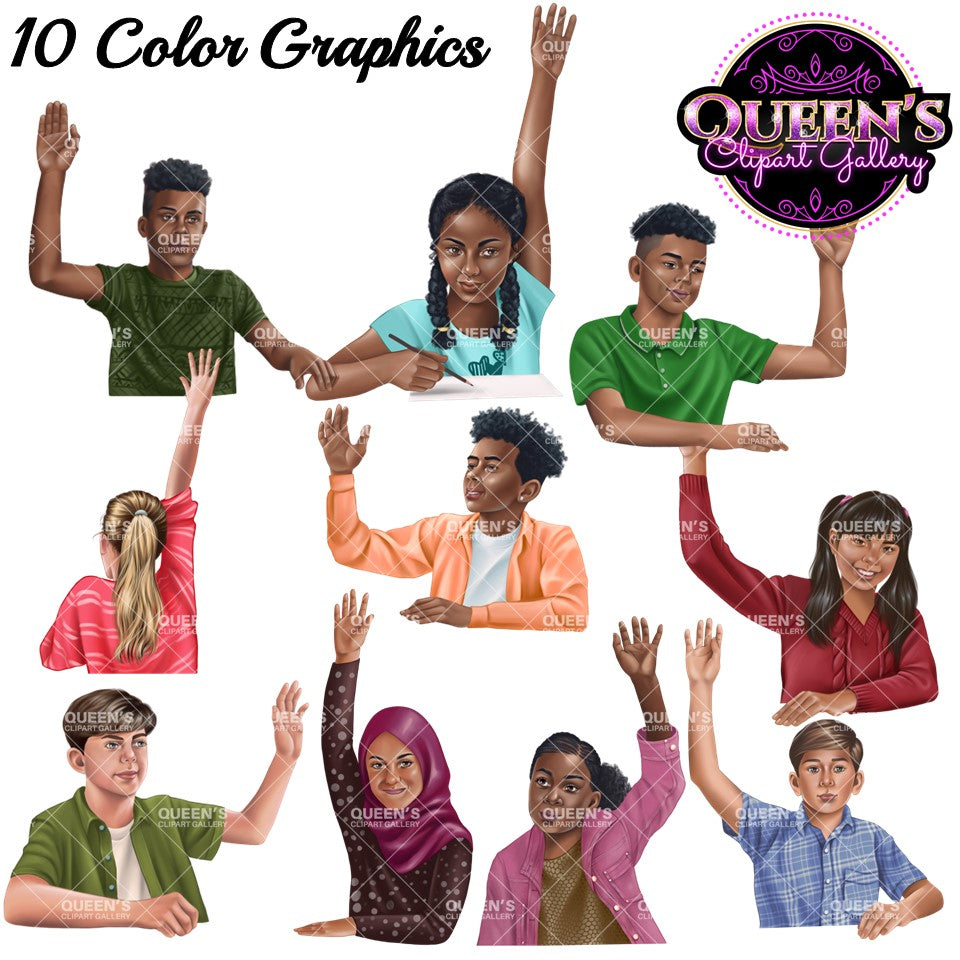 Raising Hands Clipart, Hands Raised Clipart, Teenagers Raising Hands, Teenagers Clipart, Teens, Students Clipart, Back to School Clipart