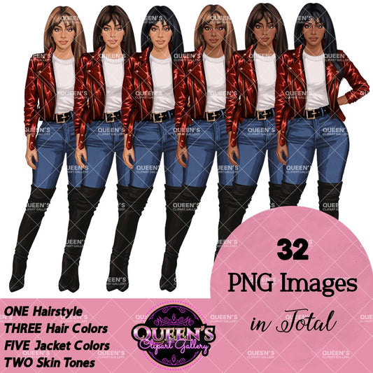 Denim Jeans Girl, Jeans Girl Clipart, Fashion Girl Clipart, Fashion Clipart, Woman in Leather Jacket, Curvy Girl Clipart, Denim Girl Clipart