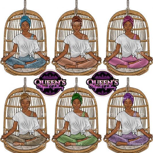 Meditation, Meditate, Relax at home, Fashion girl clipart, Cozy Clipart, Mindfulness clipart, African American clipart, Yoga girl clipart