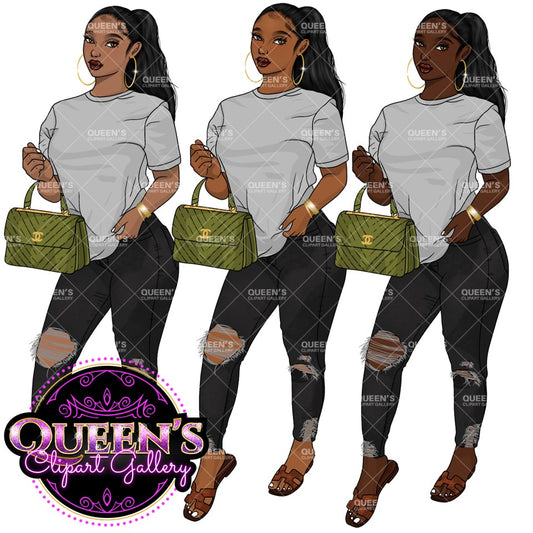 Denim Jeans Girl, Jeans Girl Clipart, Curvy girl clipart, Afro Woman clipart, Black girl magic, Girl boss clipart, African American woman