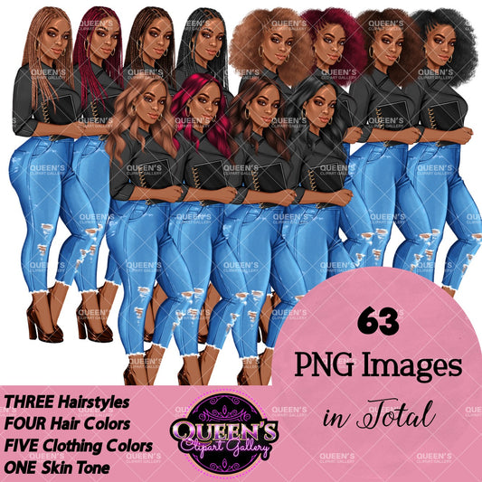 Planner girl clipart, Jeans girl clipart, Afro girl clipart, Fashion girl clipart, Denim jeans girl, Black girl magic African American woman