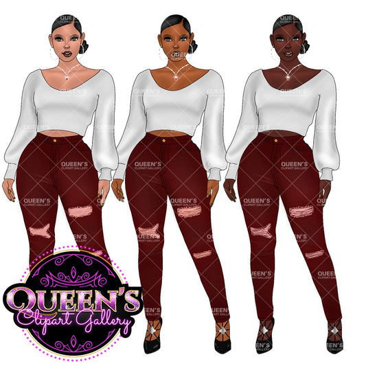 Denim girl clipart, Curvy girl clipart, Fashion girl clipart, Jeans Girl Clipart, African American clipart, Afro girl clipart, Girl Boss