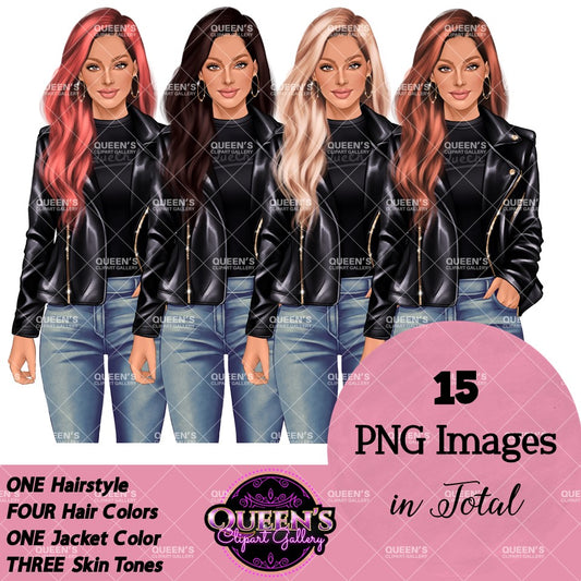 Denim Jeans Girl, Jeans Girl Clipart, Fashion Girl Clipart, Fashion Clipart, Woman in Leather Jacket, Curvy Girl Clipart, Denim Girl Clipart