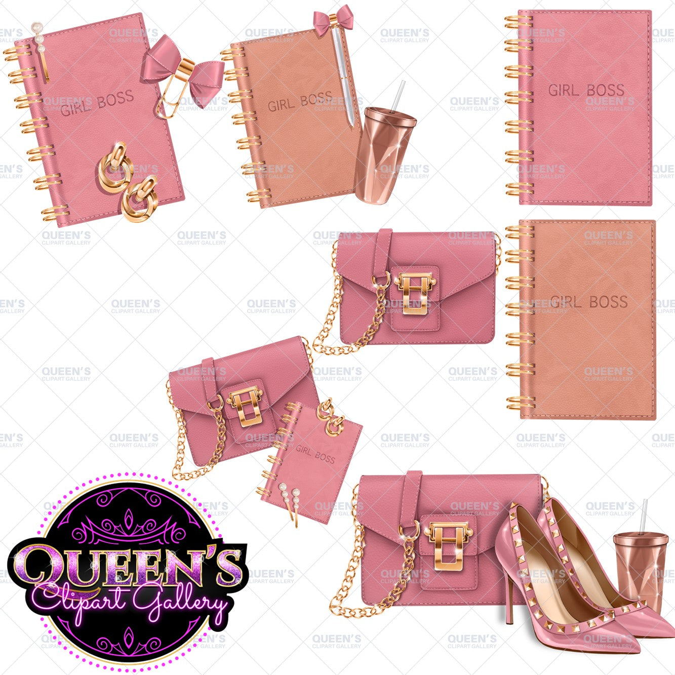 Pink Girl Boss Clipart PNG Bundle | Planner Accessories Clipart | Feminine Office Clipart | Luxury Desk Accessories | Business Planner PNG