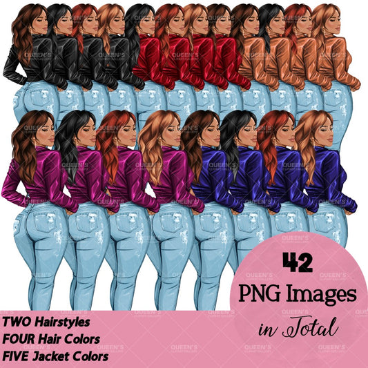 Curvy Denim Girl, Jeans Girl Clipart, Curvy girl, Woman clipart, Fashion girl clipart, Girl boss clipart, Fashion woman, Leather Jacket