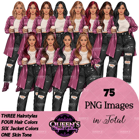 Coffee Girl Clipart, Denim Jeans Girl, Jeans Girl, Lady Boss Clipart, Fashion Girl Clipart, Jeans Girl Clipart, Woman in Leather Jacket