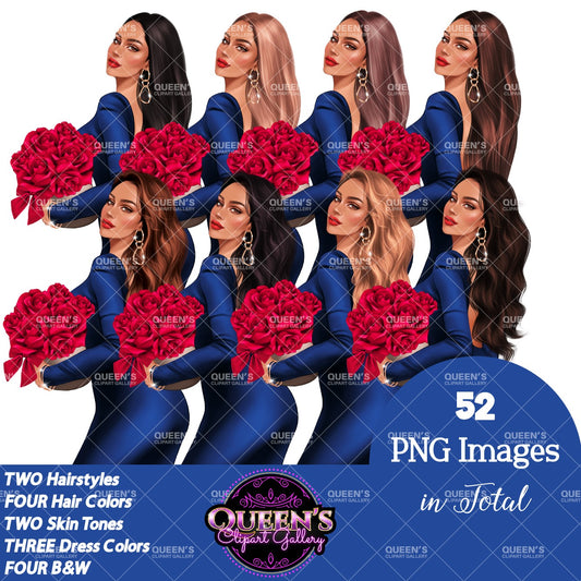 Valentine's Day clipart, Red roses clipart, Woman in red dress, Love clipart, Fashion girl clipart, Fashion illustration, Valentine roses