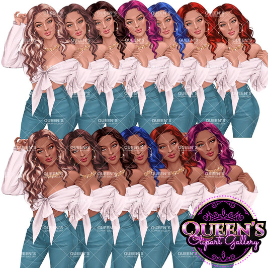 Denim jeans girl, Jeans girl clipart, Fashion girl clipart, Afro girl clipart, Lady boss, Denim girl, Summer girl, Fashion illustration