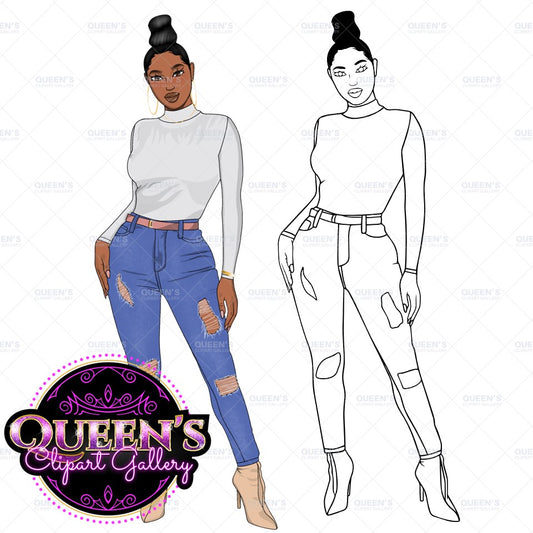 Jeans Girl Clipart, Black girl magic, Afro Woman clipart, Fashion girl clipart, Girl boss clipart, African American, Curvy Denim Girl, Teen