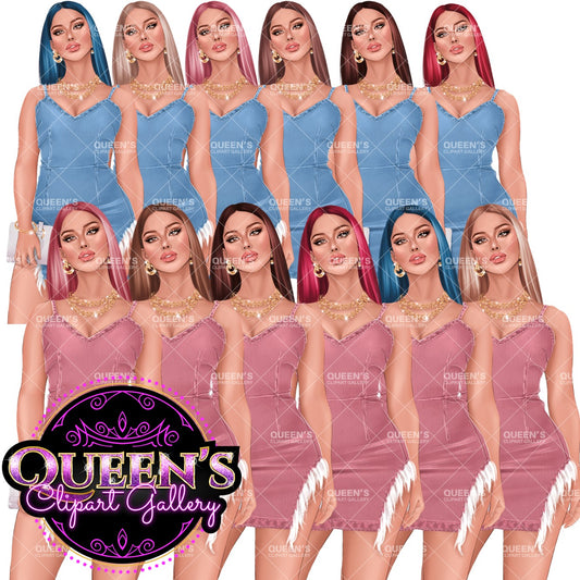 Denim girl clipart, Denim clipart, Fashion girl clipart, Demin dress girl, Fashion girl, Fashion illustration, Woman in dress, Curvy girl