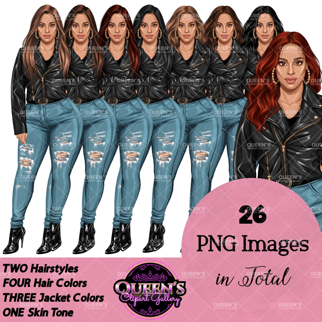 Denim girl clipart, Fashion girl clipart, Jeans girl clipart, Fashion illustration, Curvy girl clipart, Denim clipart, Woman in leather jacket