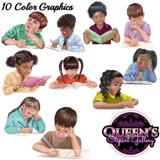 Young students reading and writing, Elementary students, Primary grades students, Kids, Kiddos,  Student clipart, Children clipart, Young kids clipart, Back to School, young girl clipart, young boy clipart, Students reading