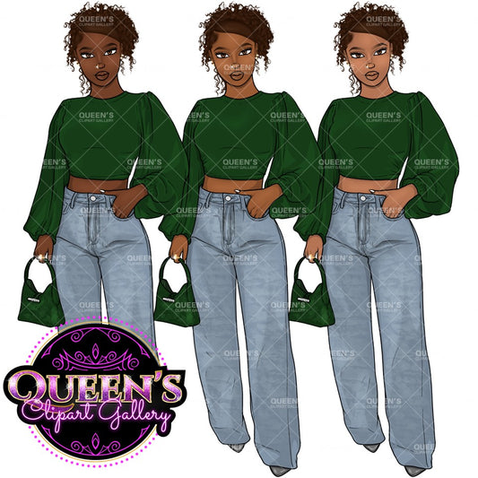 Curvy Denim Girl, Jeans Girl Clipart, Denim Jeans Clipart, Afro Woman clipart, Black girl magic Fashion girl clipart, African American woman