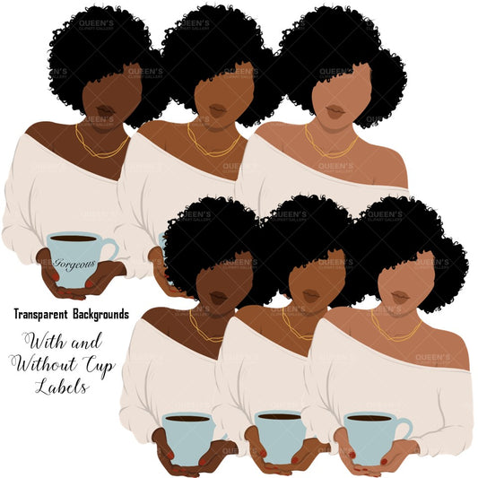 Afro woman drinks coffee, Afro girl clipart, Black woman, Black girl magic, Fashion girl clipart, Relax at home, Coffee girl, Flat Clipart