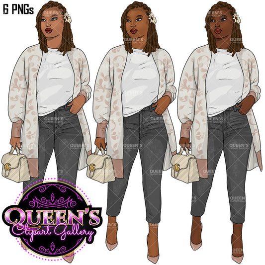 Curvy Denim Girl, Jeans Girl Clipart, Curvy girl clipart, Afro Woman clipart, Black girl magic, Fashion girl clipart, African American woman